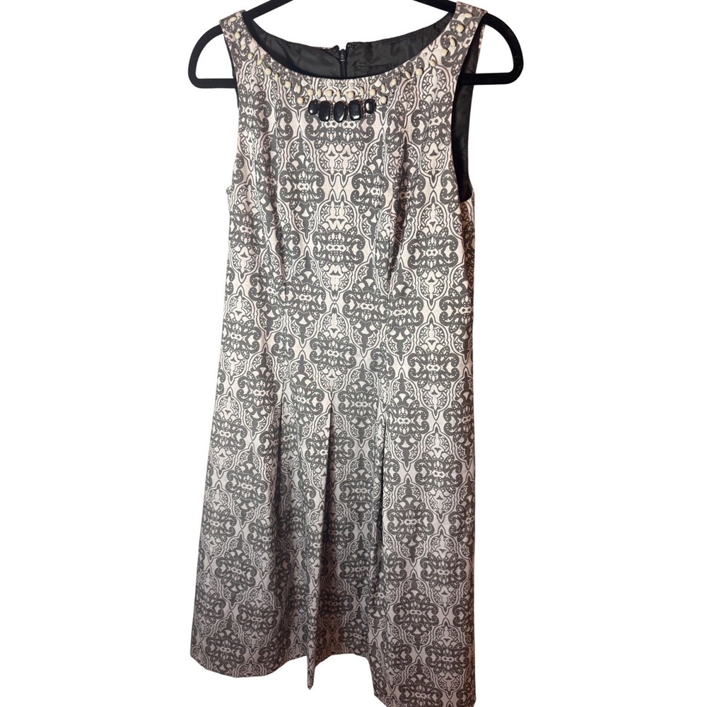 Black‎ Saks Fifth Avenue Embellished Damask Jacquard Sheath Dress Grey Size 8